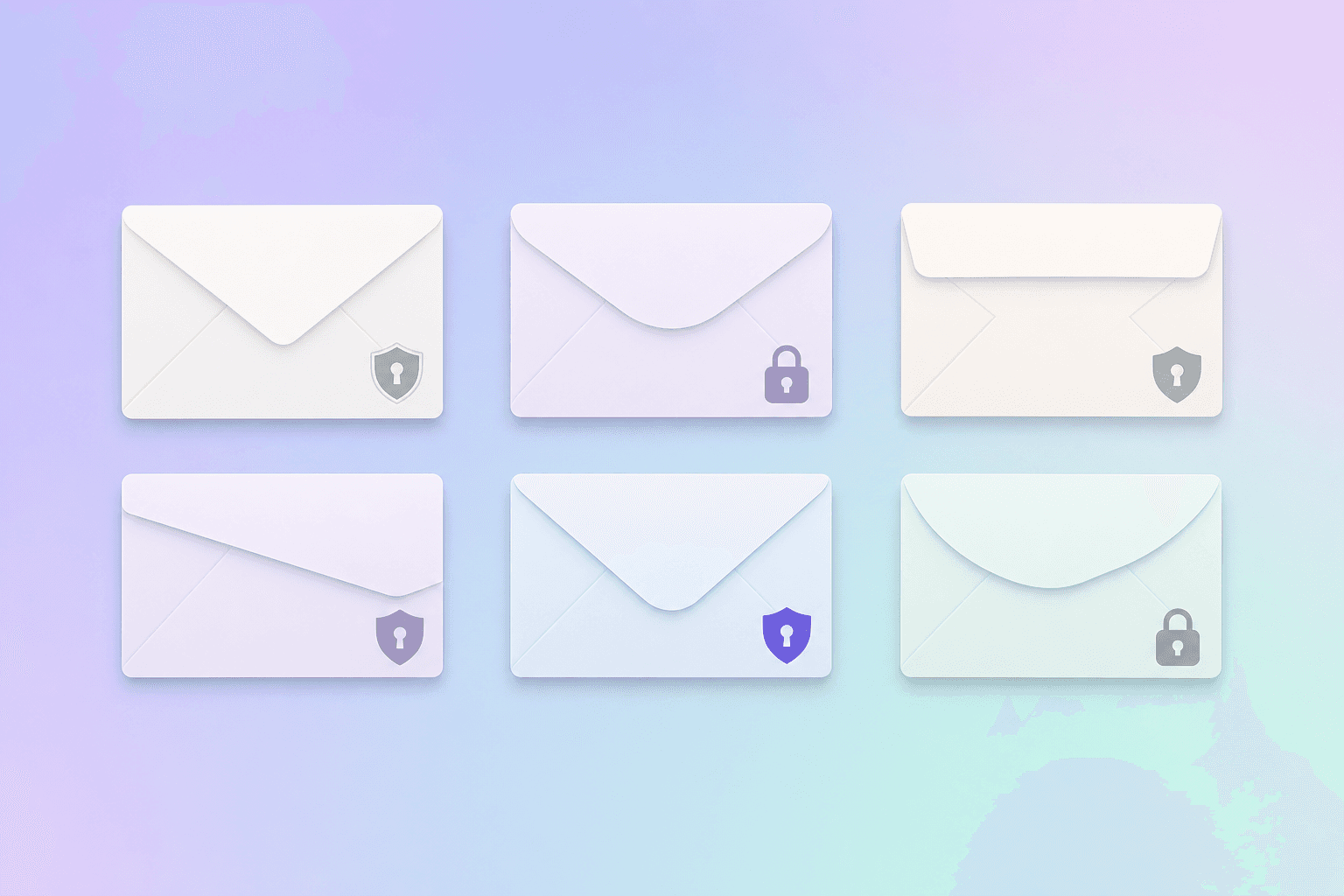 Flat vector illustration of six distinct envelopes in a grid, each with a shield or lock badge