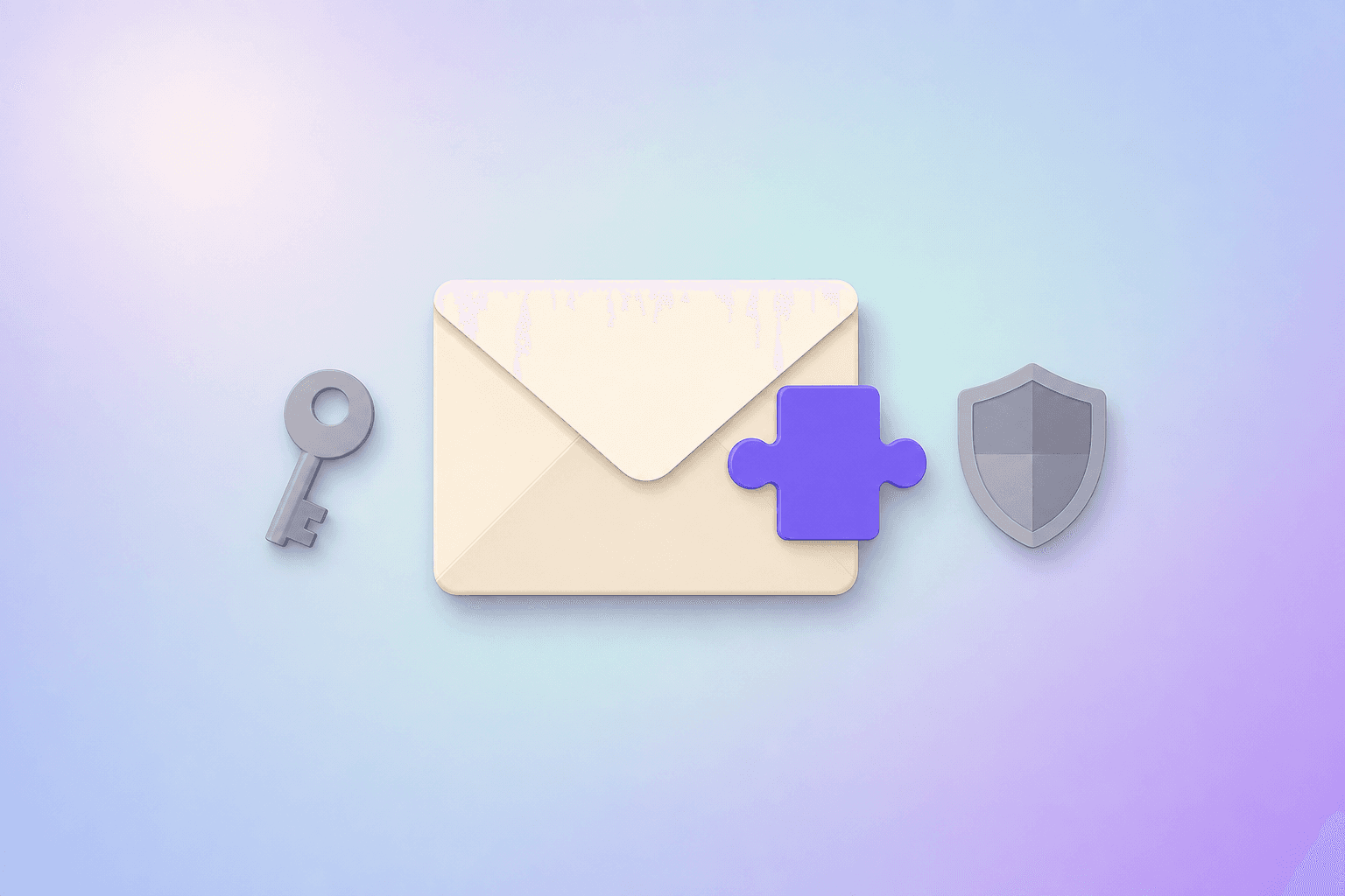 Flat vector illustration of an envelope with key, shield, and purple puzzle-piece suggesting an extension mask