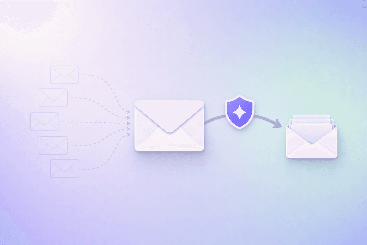 Flat vector illustration of envelopes merging through a forwarding arrow into one inbox with a purple shield accent