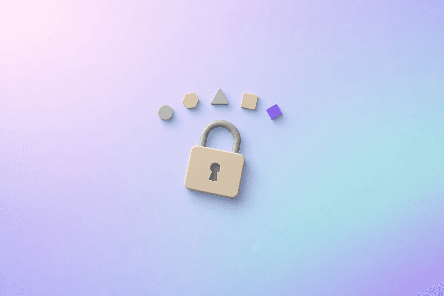 Flat vector illustration of a padlock with geometric tokens above the shackle, one purple diamond accent